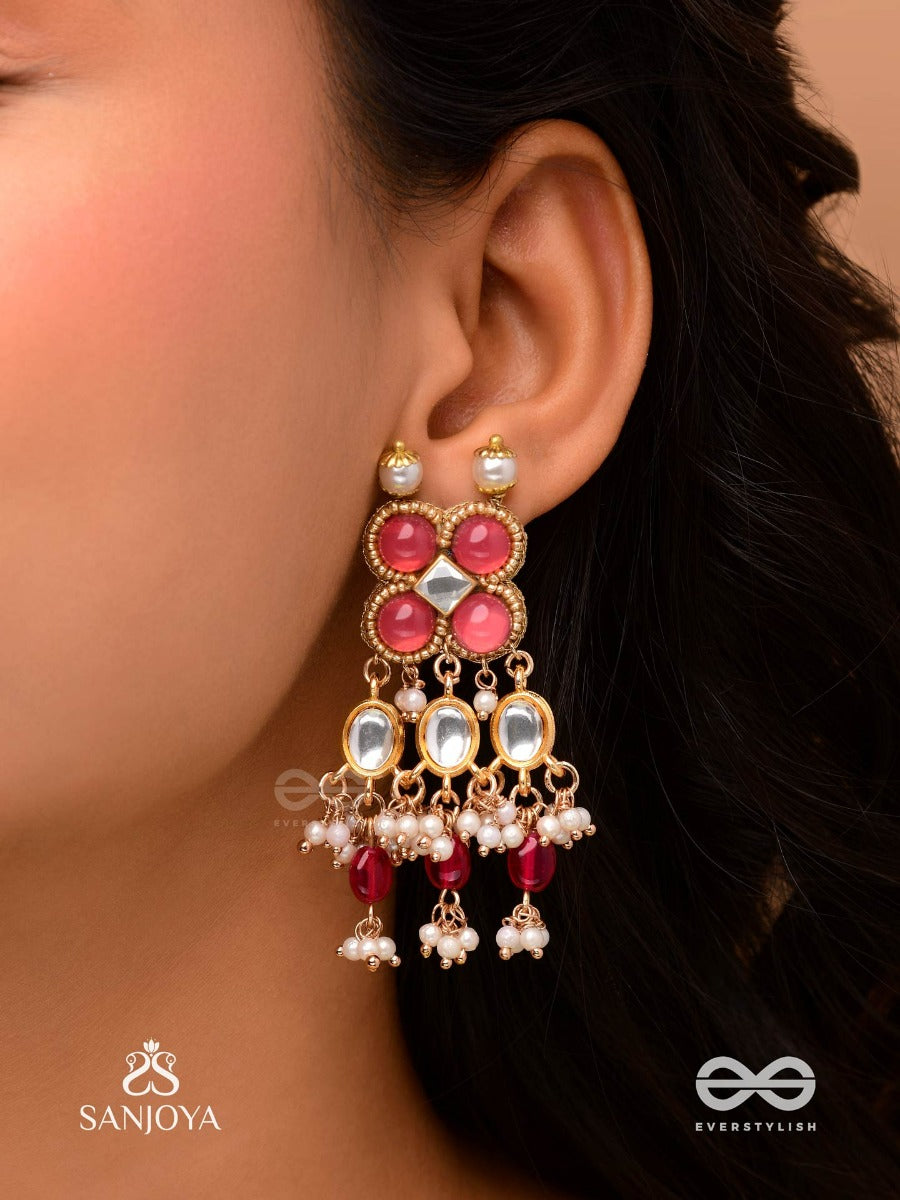 Gulabi Dhara - Suhana Khan Inspired Earrings Featuring Kundan, Red Gemstones And Pearls