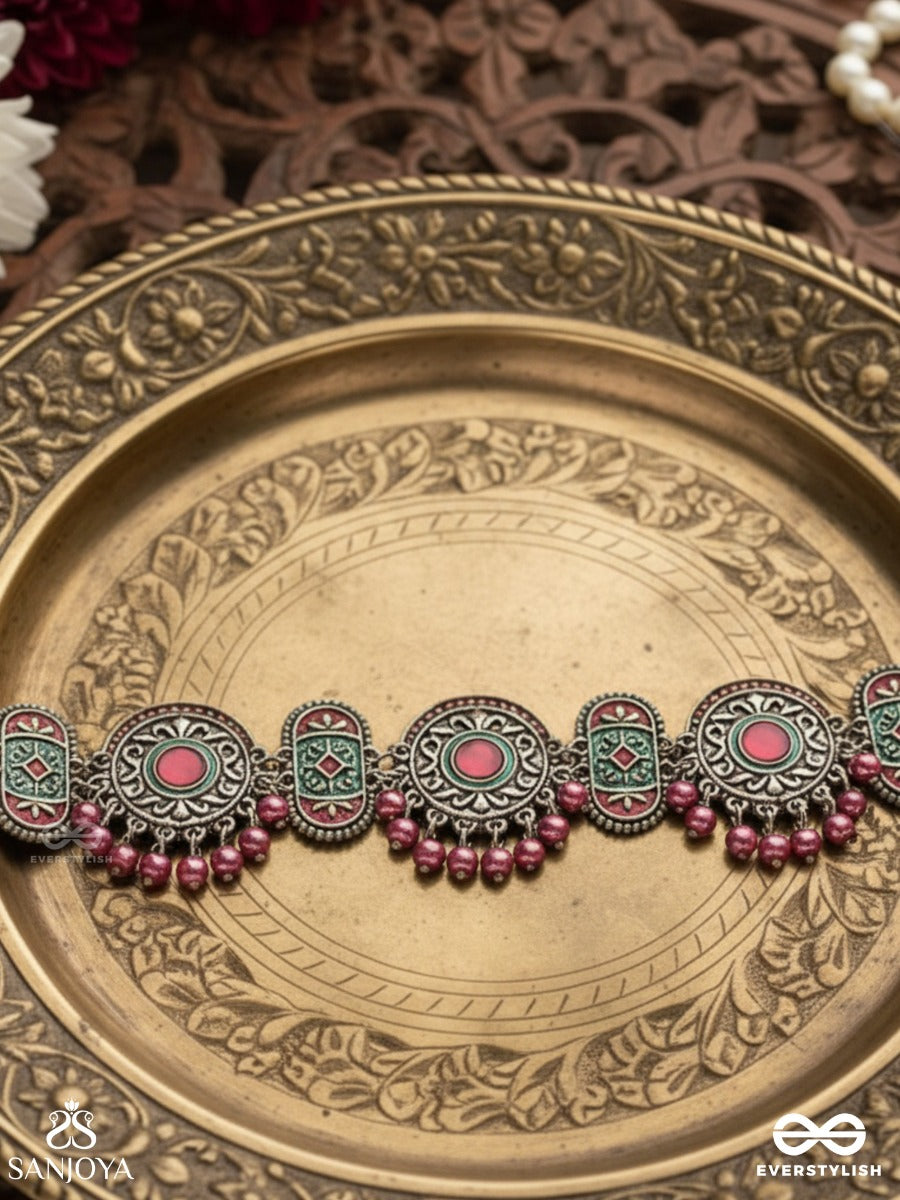 Raktashree- Red Elegance : Oxidized Choker With Intricate Work And Bold Red Accents, Perfect For A Traditional Look