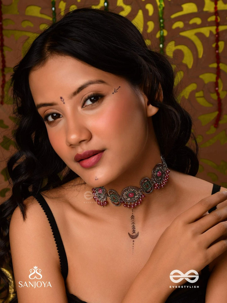 Raktashree- Red Elegance : Oxidized Choker With Intricate Work And Bold Red Accents, Perfect For A Traditional Look