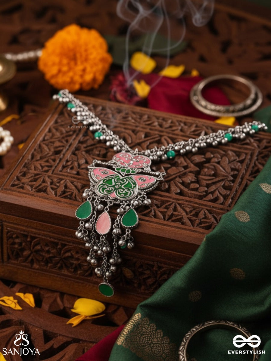 Mayura Maala- Pecock Necklace: Enamelled Oxidised Necklace With Ghungroo And Beads