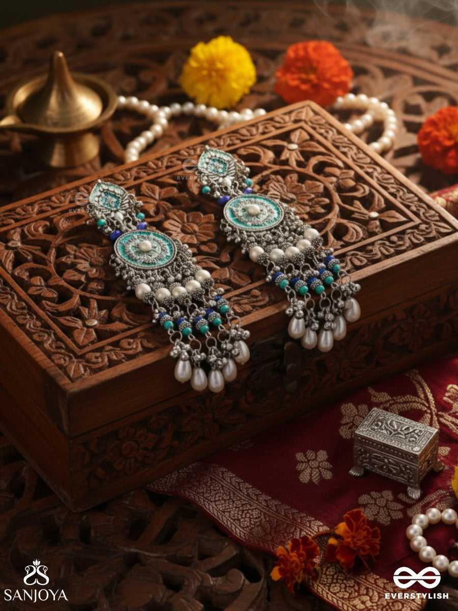Neelkamala - Blue Lotus Oxidized Earrings With Blue Beads And Intricate Work, Adorned With Pearls & Ghungroo's