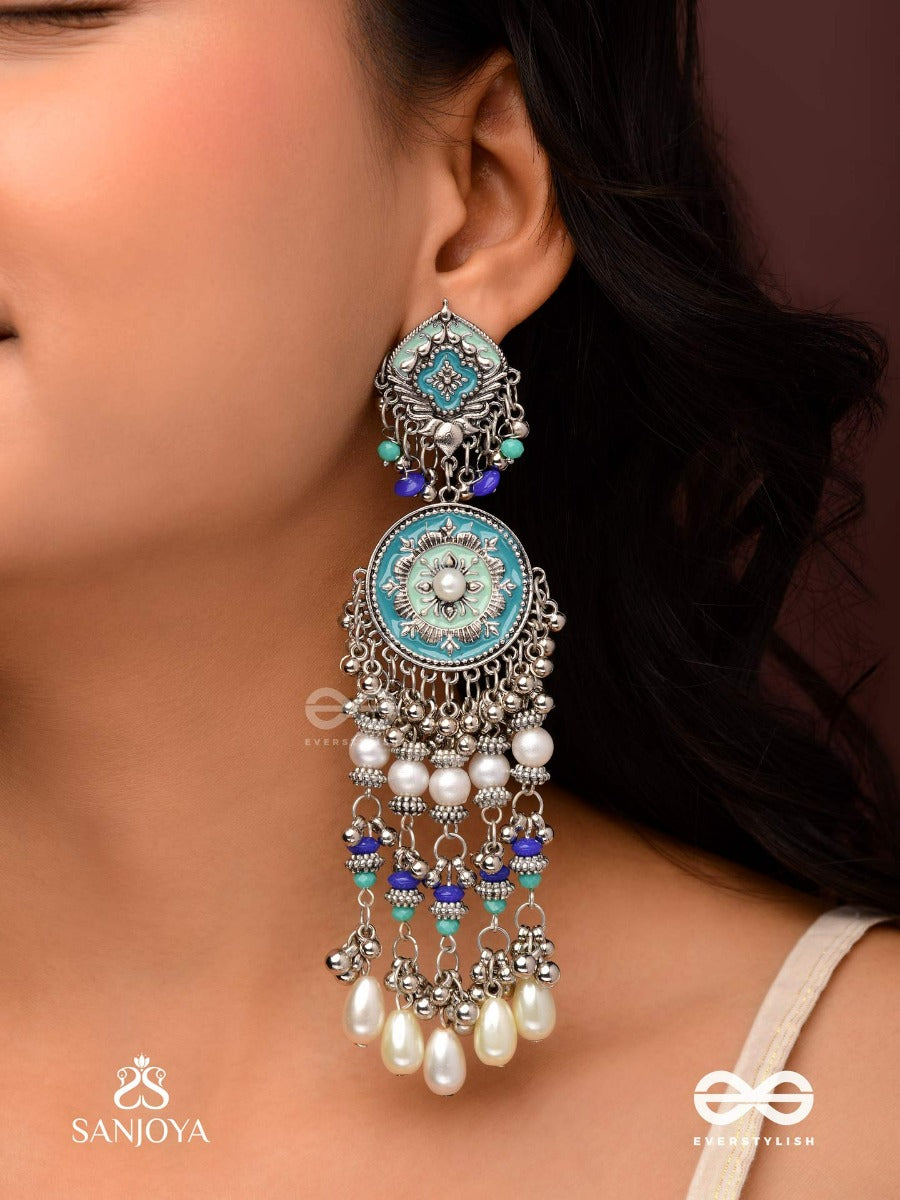 Neelkamala - Blue Lotus Oxidized Earrings With Blue Beads And Intricate Work, Adorned With Pearls & Ghungroo's