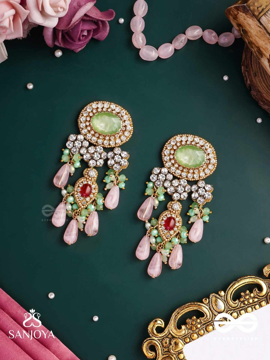 Pankhuri Dhara - Suhana Khan Inspired Earrings Featuring Cascading Pink Beads And Sparkling Gemstones
