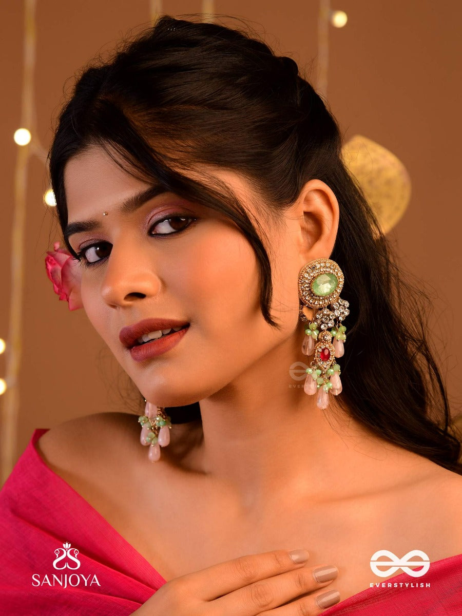 Pankhuri Dhara - Suhana Khan Inspired Earrings Featuring Cascading Pink Beads And Sparkling Gemstones