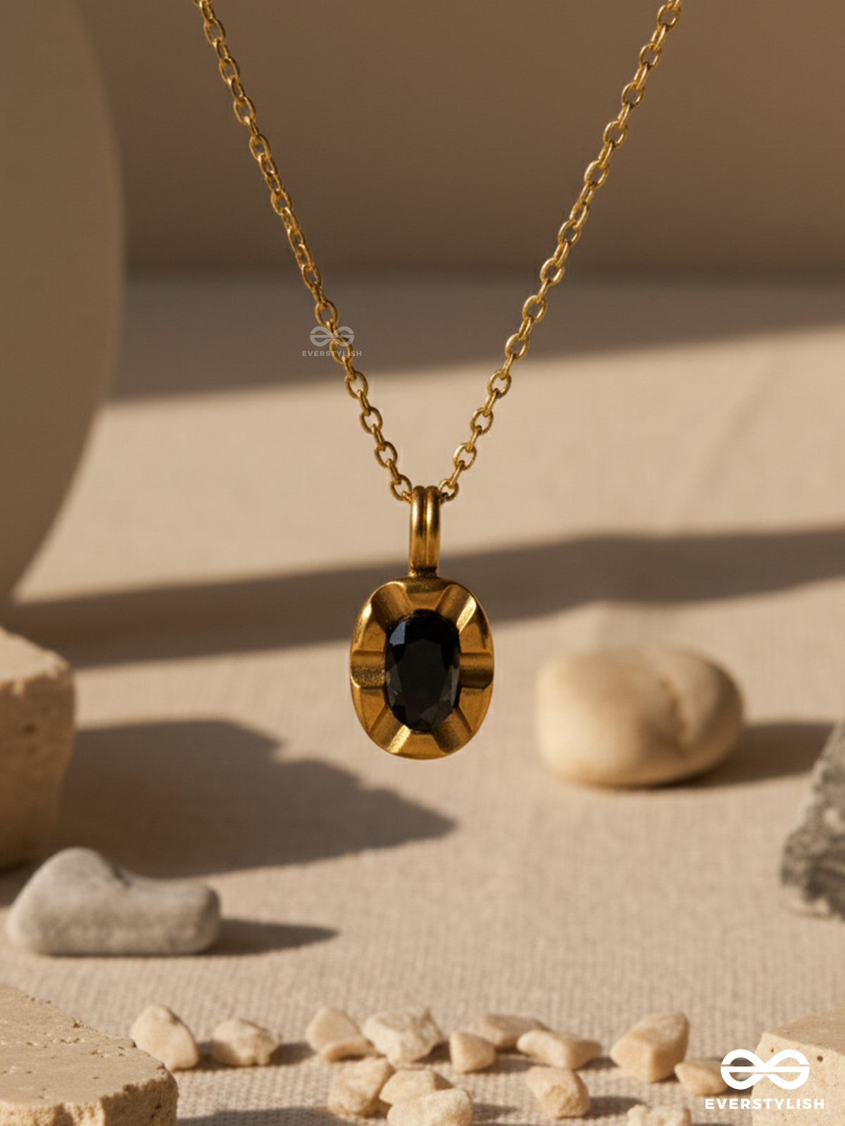 Midnight Aura - Stainless Steel Anti-Tarnish Oval Stone Pendant Necklace