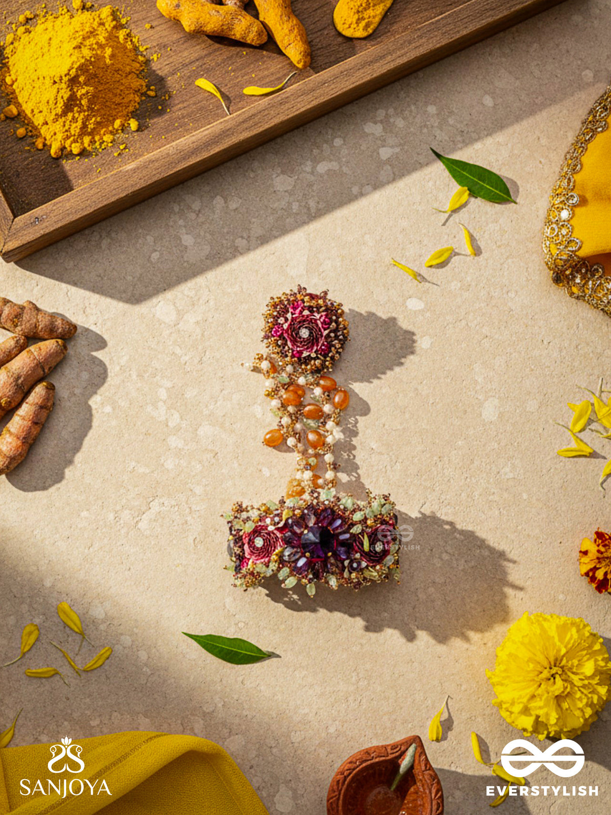 Varnamala Abhushana - Adornment Of Colors - Golden Beads Wth Colorful Floral Motifs Bracelet Attached With Adjustible Ring