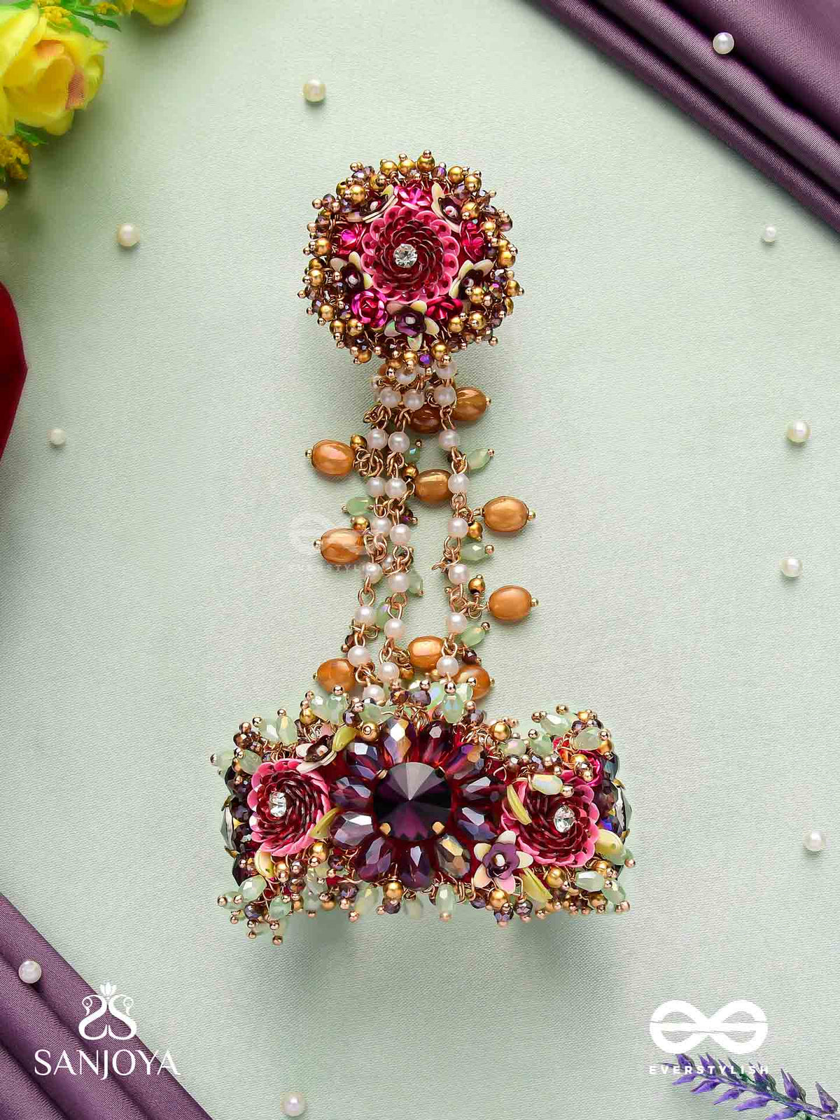 Varnamala Abhushana - Adornment Of Colors - Golden Beads Wth Colorful Floral Motifs Bracelet Attached With Adjustible Ring