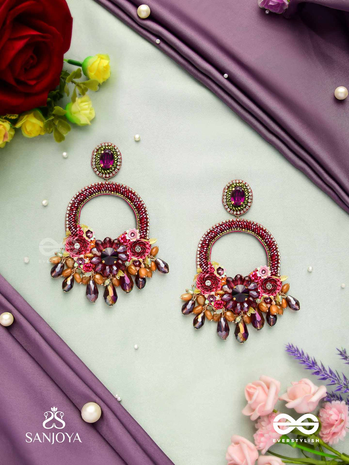 Varnamala Abhushana - Adornment Of Colors - Floral Motifs, Glassdrops And Stones Hand Embroidered Earrings
