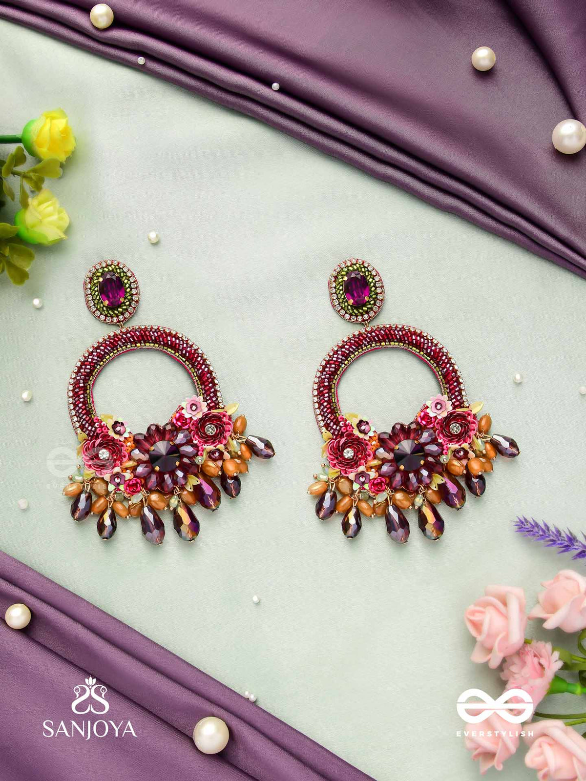 Varnamala Abhushana - Adornment Of Colors - Floral Motifs, Glassdrops And Stones Hand Embroidered Earrings