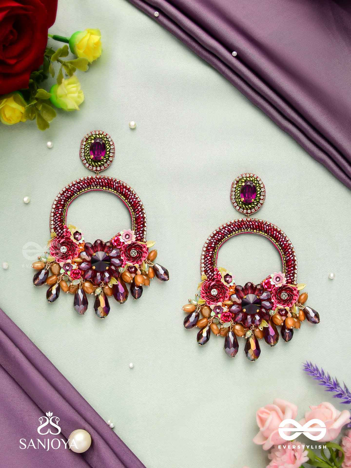 Varnamala Abhushana - Adornment Of Colors - Floral Motifs, Glassdrops And Stones Hand Embroidered Earrings