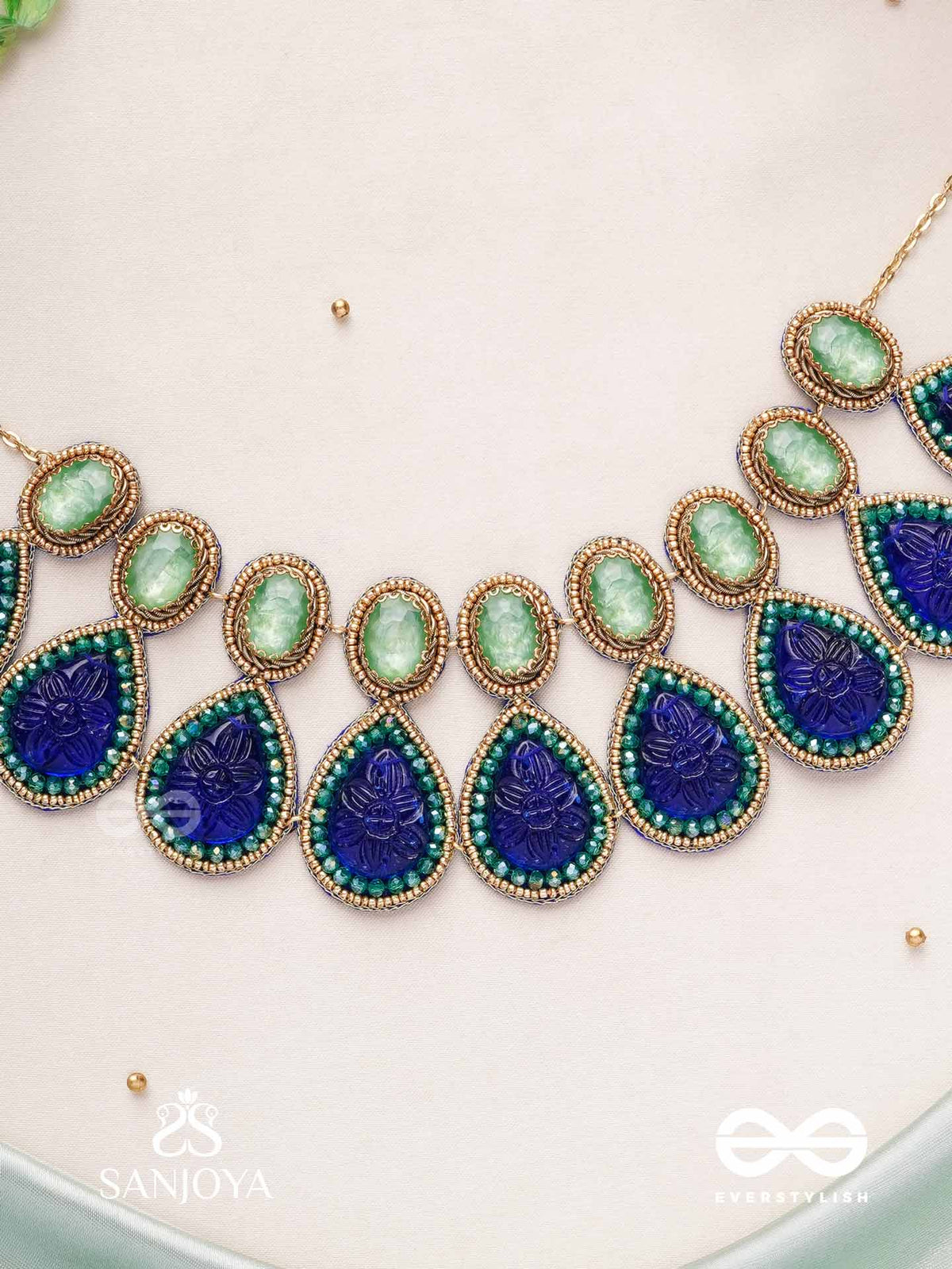 Jalaneelini - Water Like Blue Elegance - Blue Teardrop Shapes, Gemstones With Golden Ebellished Necklace