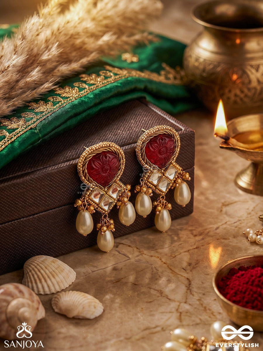 Premabhushanam - Adornment Of Love - Pearls, Engraved Stone Cutdana And Kundan Work Earrings