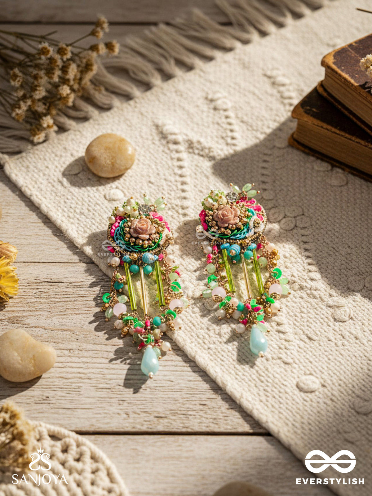 Manjusumana - Beautiful Blossom - Pastel Color Beads And Detail Work With Golden Embellishment Earrings