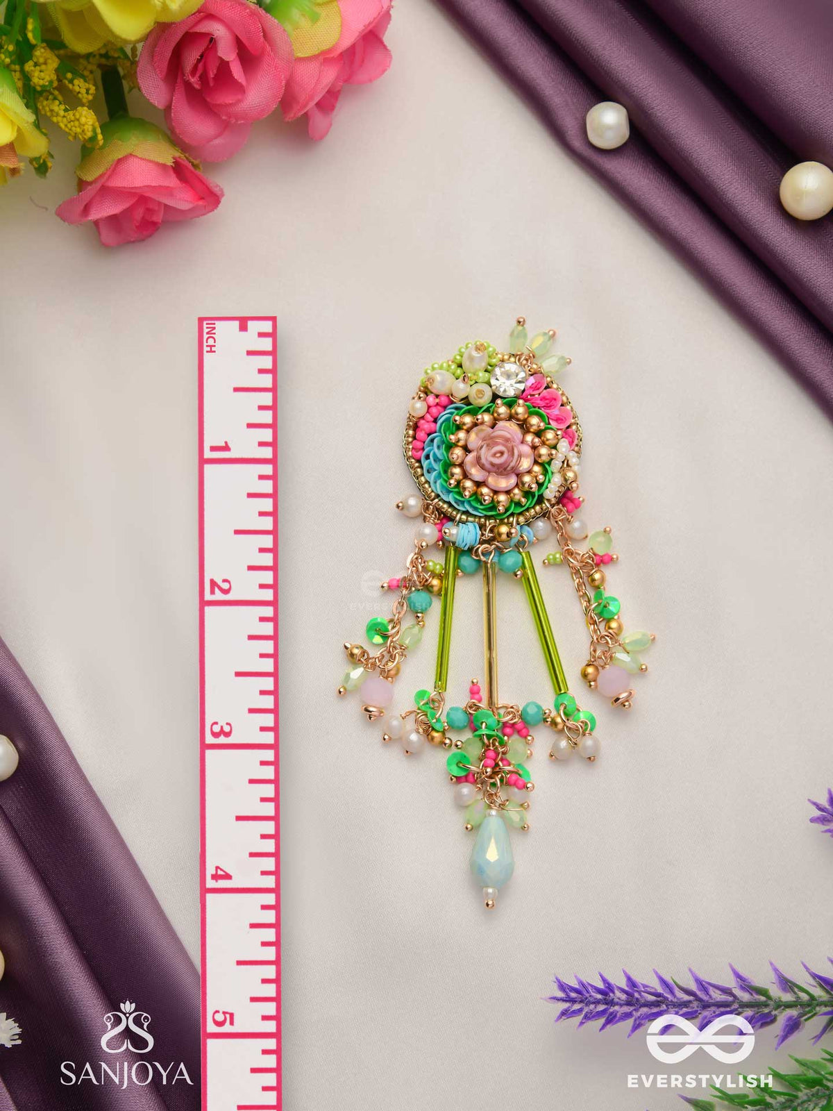 Manjusumana - Beautiful Blossom - Pastel Color Beads And Detail Work With Golden Embellishment Earrings