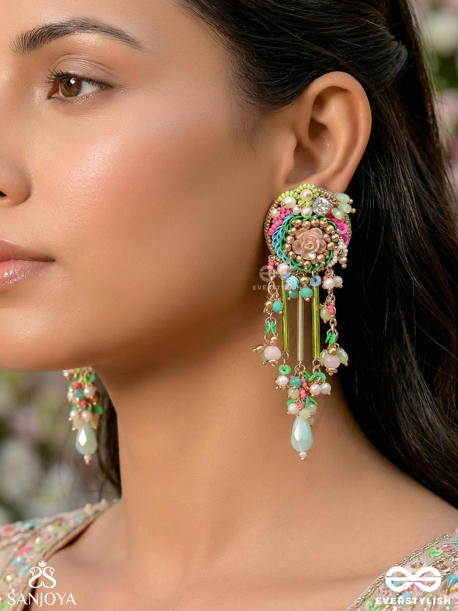 Manjusumana - Beautiful Blossom - Pastel Color Beads And Detail Work With Golden Embellishment Earrings