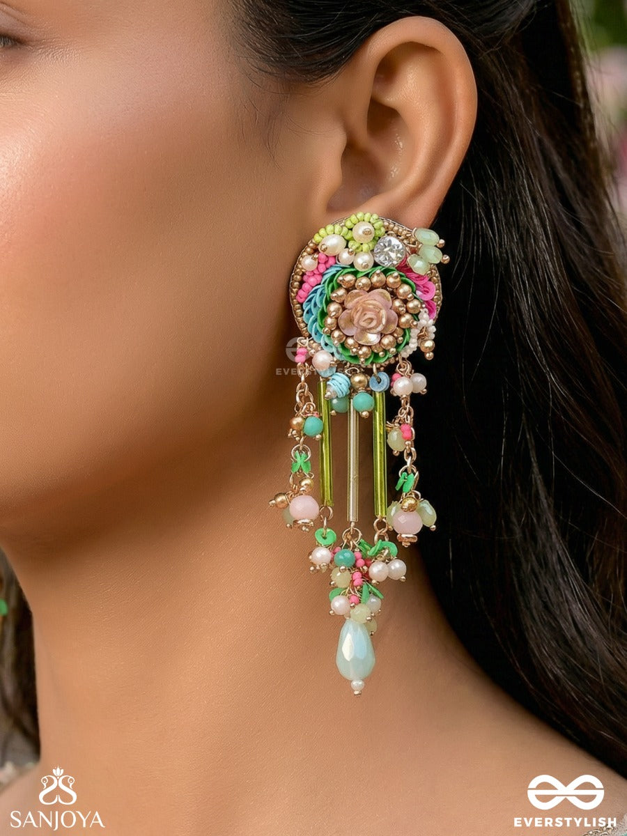 Manjusumana - Beautiful Blossom - Pastel Color Beads And Detail Work With Golden Embellishment Earrings