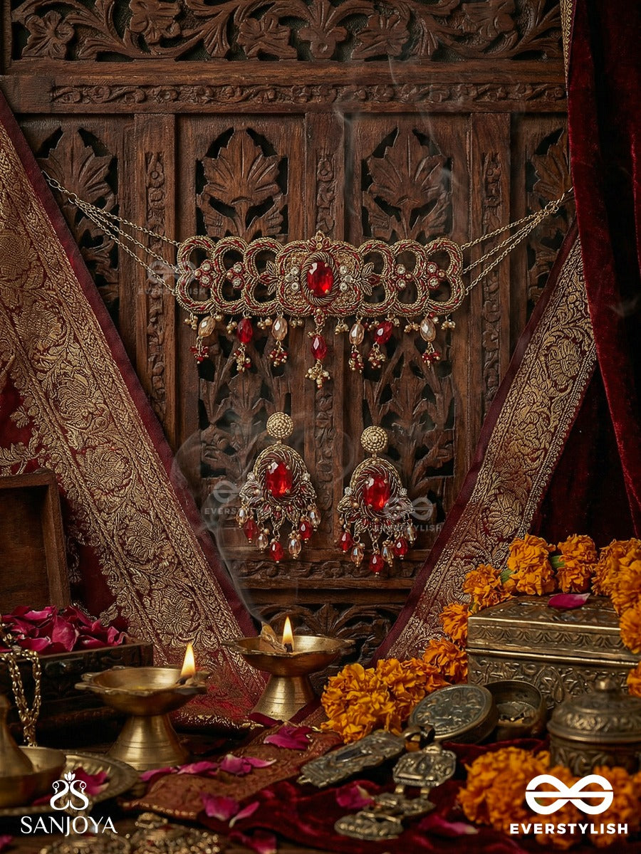 Ratnavati Hara - Adorned With Gemstones - Embroidered Gemstone Necklace & Earrings Set With Beads & Thread Work