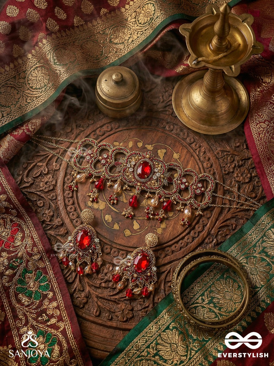 Ratnavati Hara - Adorned With Gemstones - Embroidered Gemstone Necklace & Earrings Set With Beads & Thread Work