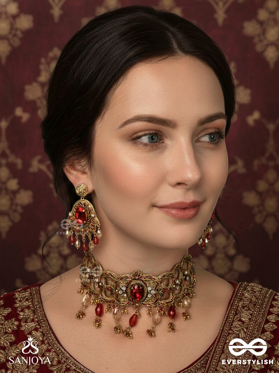 Ratnavati Hara - Adorned With Gemstones - Embroidered Gemstone Necklace & Earrings Set With Beads & Thread Work