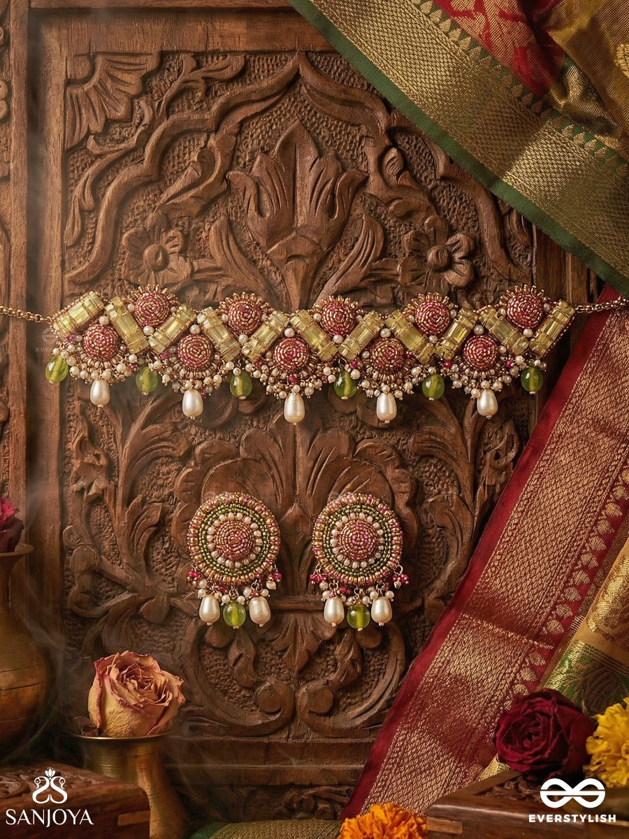 Manimekhala - Bejewelled Girdle-Choker Neckpiece & Earrings Set Adorned With Pink And Gold Gemstones, Beads And Delicate Pearl Drops.