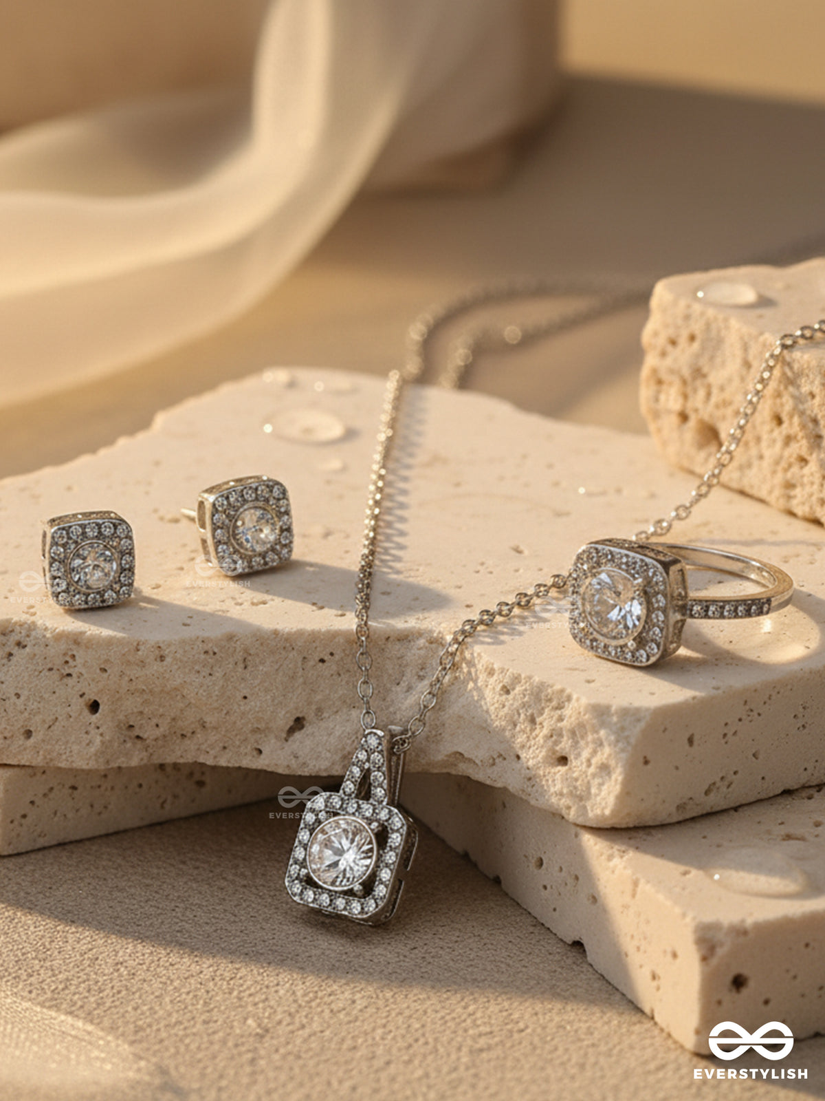 Celestial Gleam- Modern Glamour Rhinestone Set With Neckpiece, Earrings And Ring
