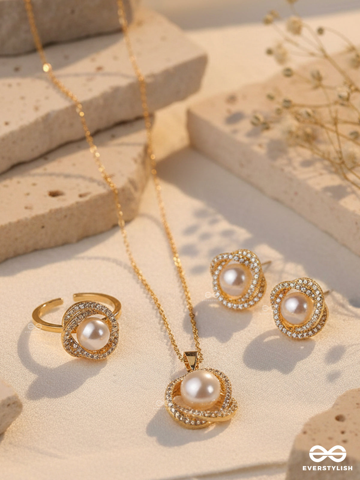 Serene Pearl- Radiant Pearls With A Timeless Rhinestone Set With Neckpiece, Earrings And Ring
