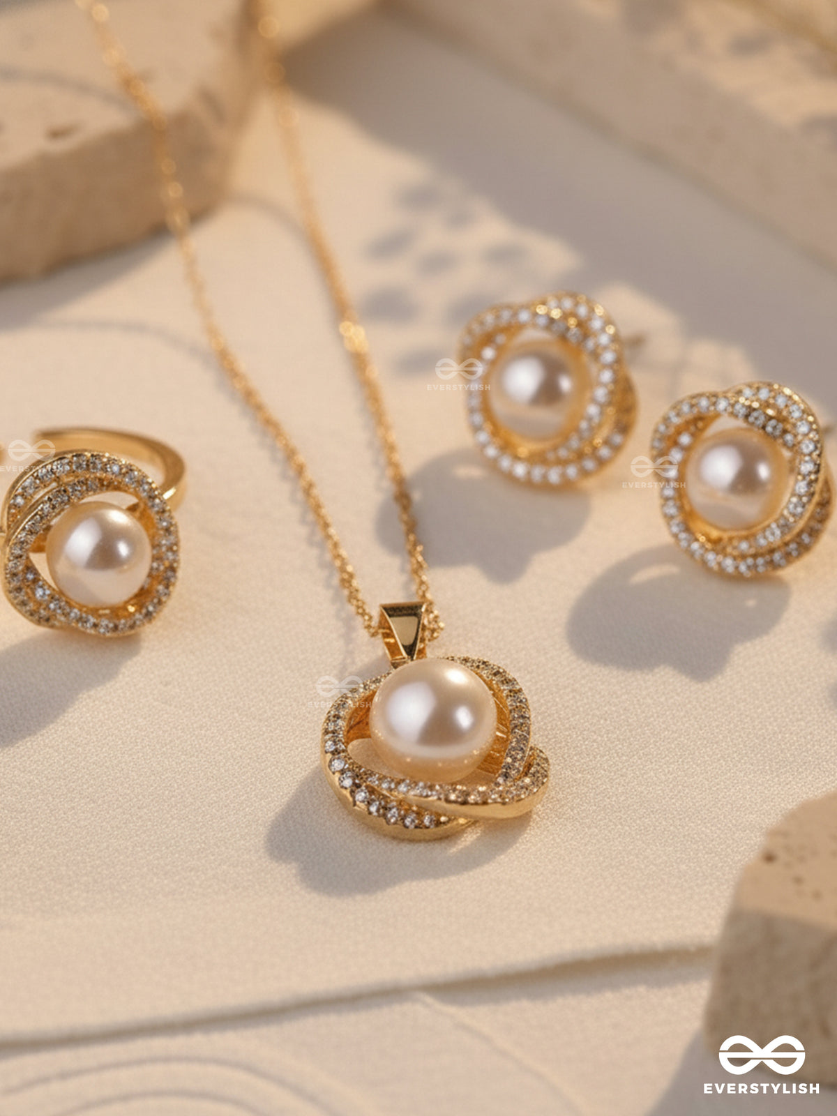 Serene Pearl- Radiant Pearls With A Timeless Rhinestone Set With Neckpiece, Earrings And Ring