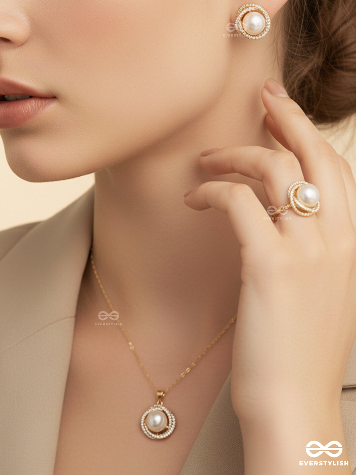 Serene Pearl- Radiant Pearls With A Timeless Rhinestone Set With Neckpiece, Earrings And Ring