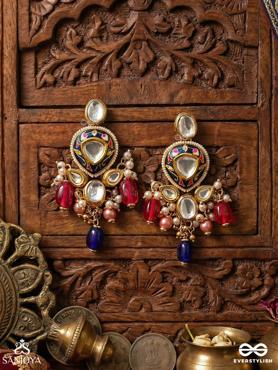 Vyomshila - Sky Essence - Statement Earrings With Ornamental Panels, Gemmed Motifs And Multi-Stone Drop Accents