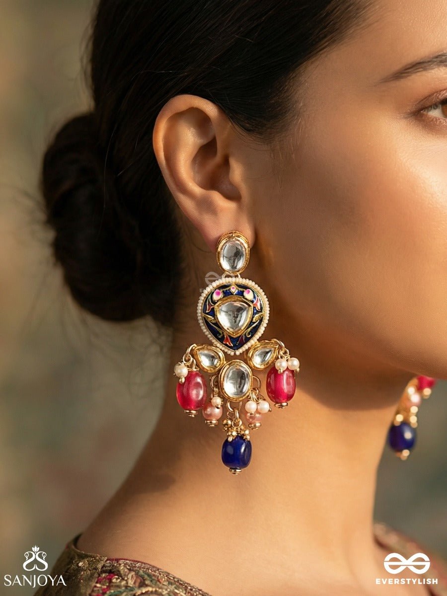 Vyomshila - Sky Essence - Statement Earrings With Ornamental Panels, Gemmed Motifs And Multi-Stone Drop Accents