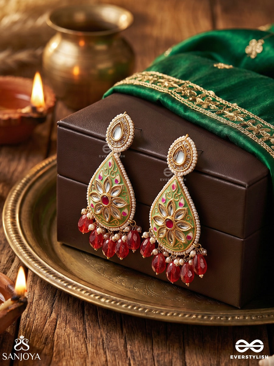 Arunodaya - Dawn's Beauty - Stones, Glass Drops And Pearls Kundan Hand Embroidered Earrings