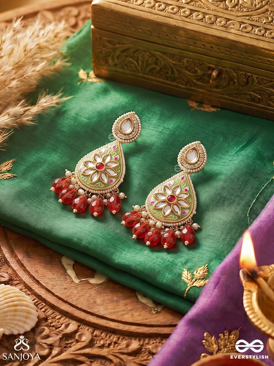 Arunodaya - Dawn's Beauty - Stones, Glass Drops And Pearls Kundan Hand Embroidered Earrings