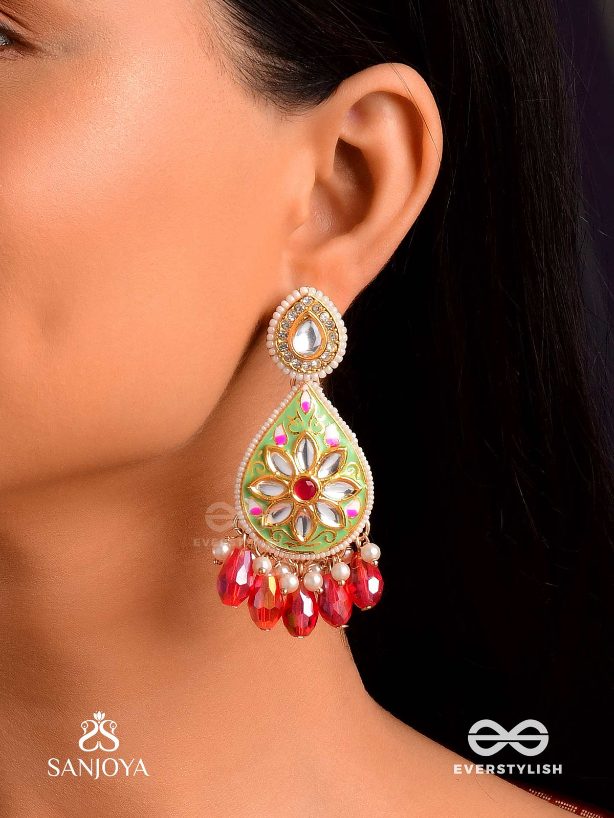 Arunodaya - Dawn's Beauty - Stones, Glass Drops And Pearls Kundan Hand Embroidered Earrings