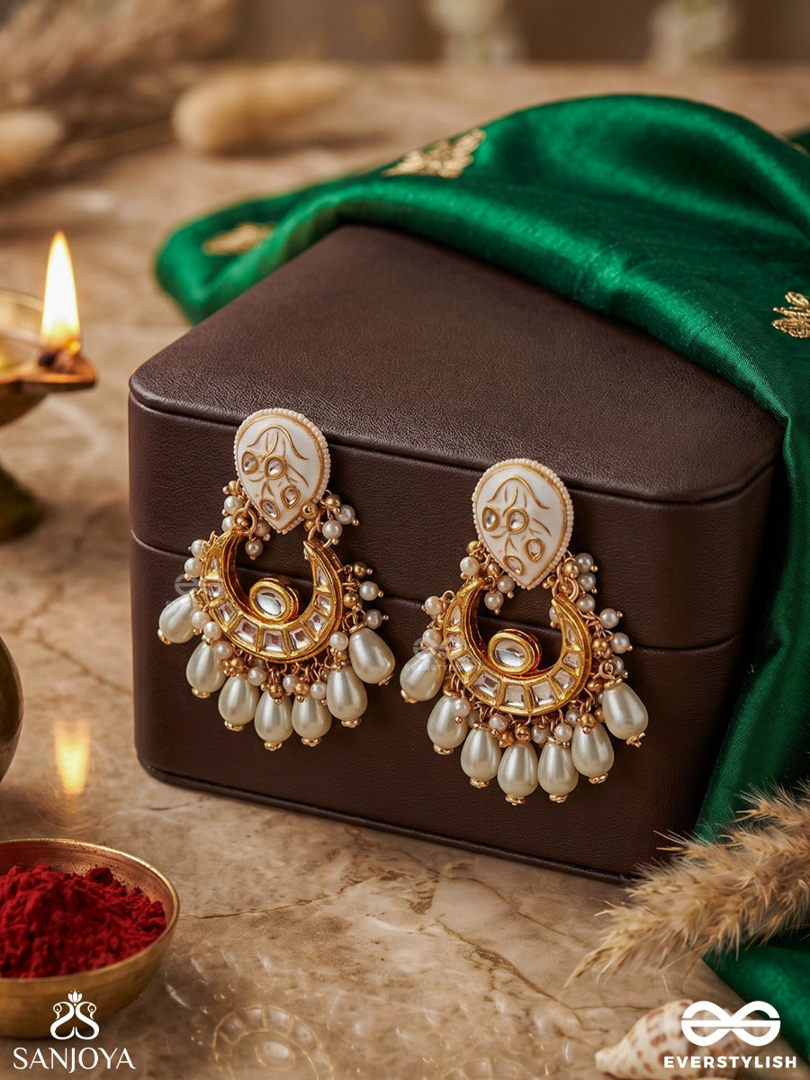 Gaurangi - Radiant Fair Beauty - Ornate Earrings With Crescent Form, Enamelled Detailing And Dangling Pearl Accents