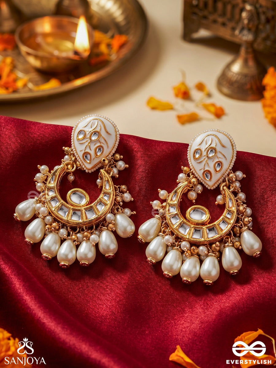 Gaurangi - Radiant Fair Beauty - Ornate Earrings With Crescent Form, Enamelled Detailing And Dangling Pearl Accents