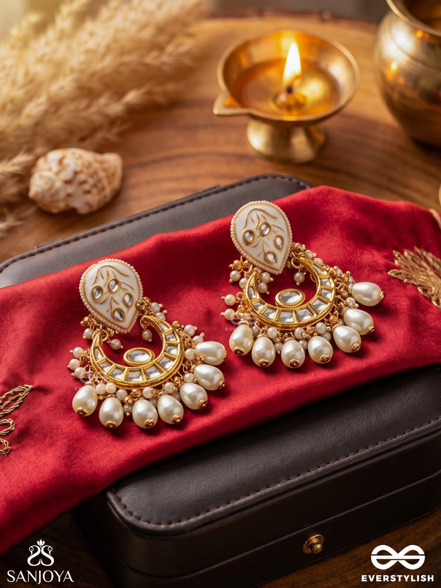 Gaurangi - Radiant Fair Beauty - Ornate Earrings With Crescent Form, Enamelled Detailing And Dangling Pearl Accents