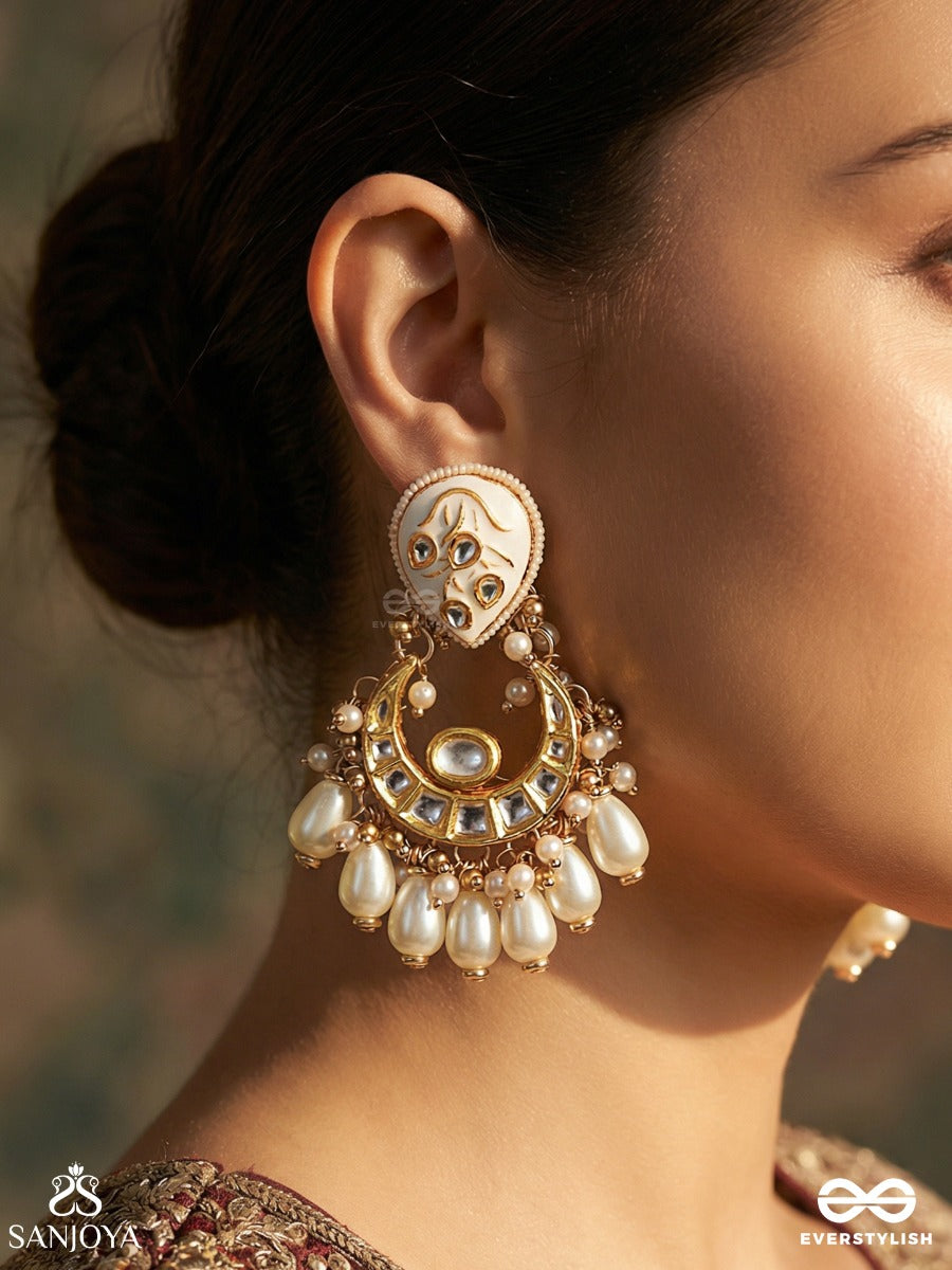 Gaurangi - Radiant Fair Beauty - Ornate Earrings With Crescent Form, Enamelled Detailing And Dangling Pearl Accents