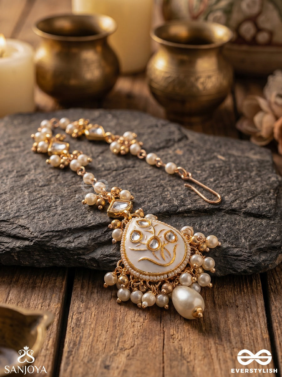 Gaurangi - Radiant Fair Beauty - Delicate Maangtika With Embellished Pendant, Gemmed Elements And Pearl Drop Detail