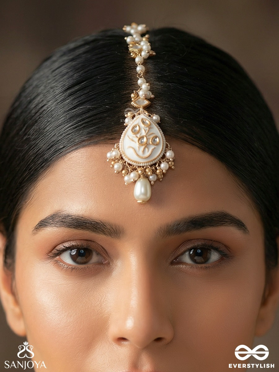 Gaurangi - Radiant Fair Beauty - Delicate Maangtika With Embellished Pendant, Gemmed Elements And Pearl Drop Detail