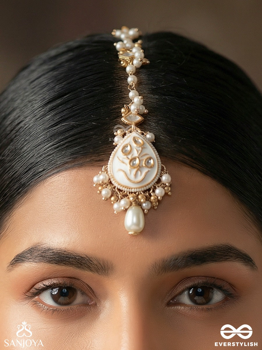 Gaurangi - Radiant Fair Beauty - Delicate Maangtika With Embellished Pendant, Gemmed Elements And Pearl Drop Detail