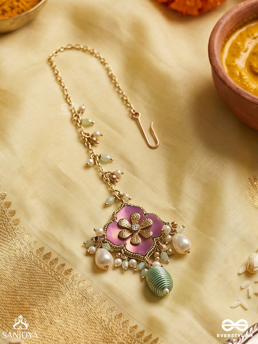 Rangolika - A Canvas Of Colors - Enamel Flower, Pearls And Glass Drops Hand Embroiderd Maangtika