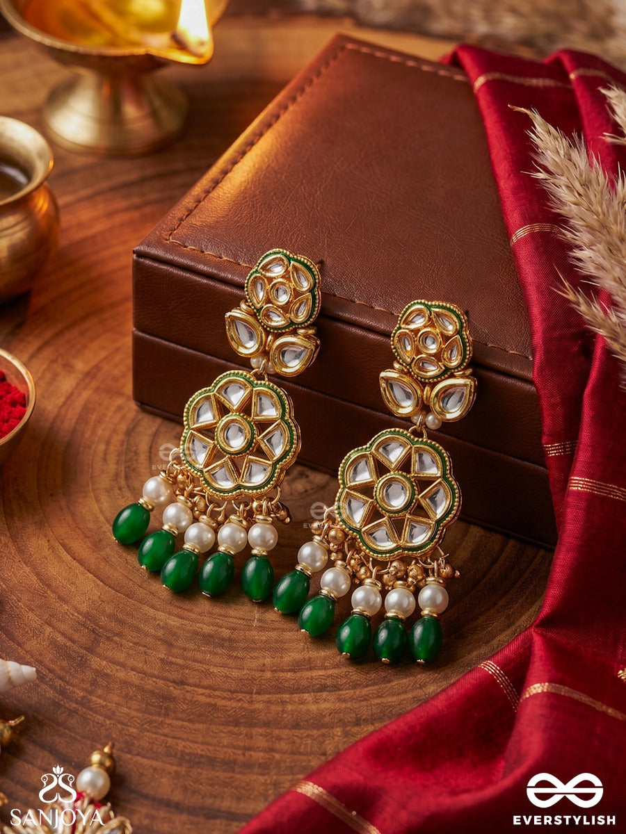Parnapriya - Lover Of Leaves - Floral Kundan Design With Green Beads And Pearl Drops Hand Embroiderd Earrings