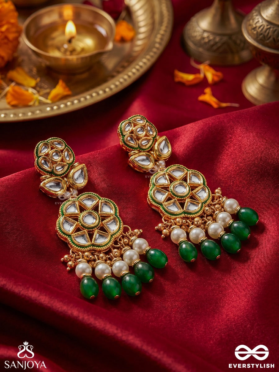 Parnapriya - Lover Of Leaves - Floral Kundan Design With Green Beads And Pearl Drops Hand Embroiderd Earrings