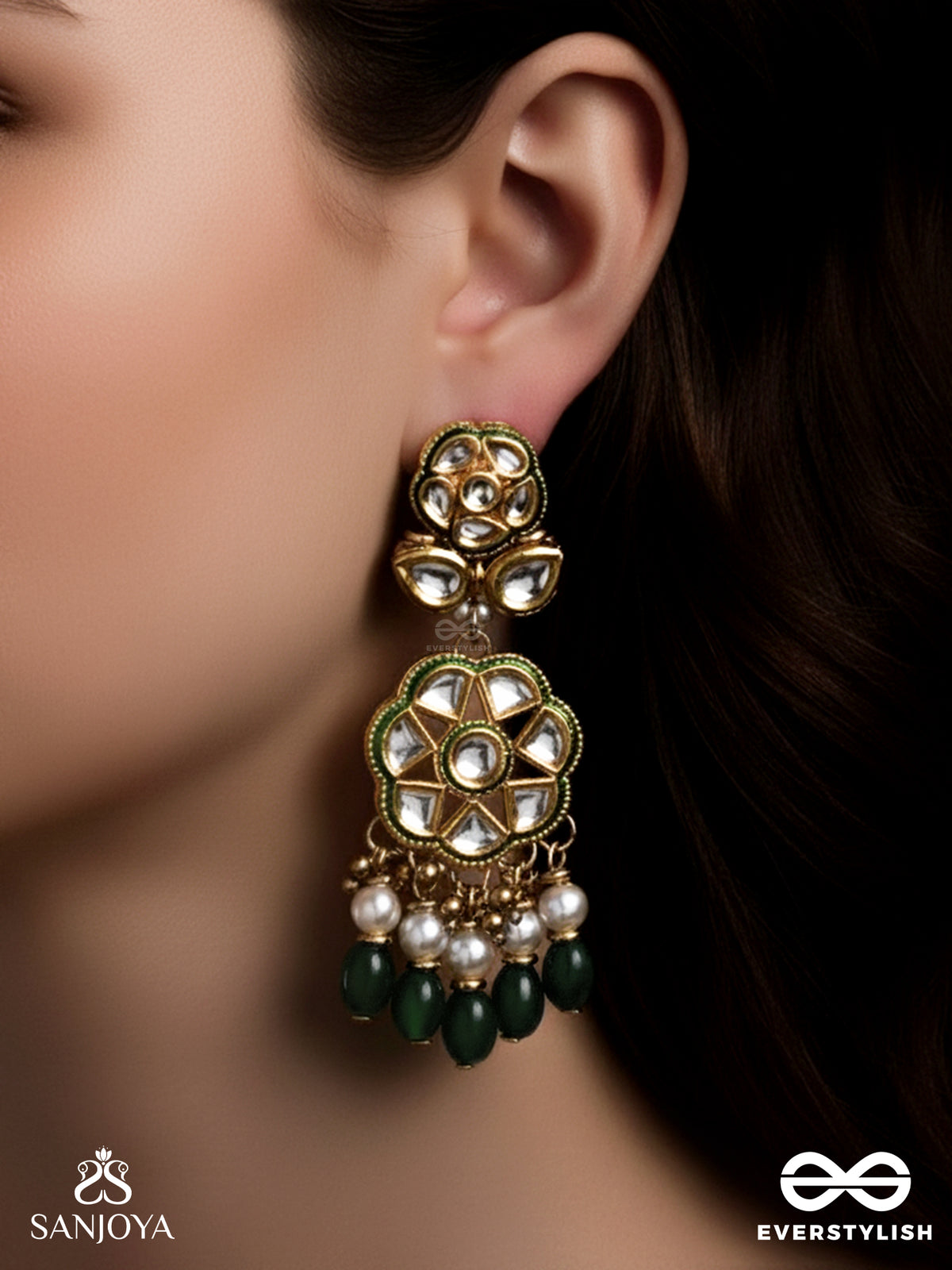Parnapriya - Lover Of Leaves - Floral Kundan Design With Green Beads And Pearl Drops Hand Embroiderd Earrings