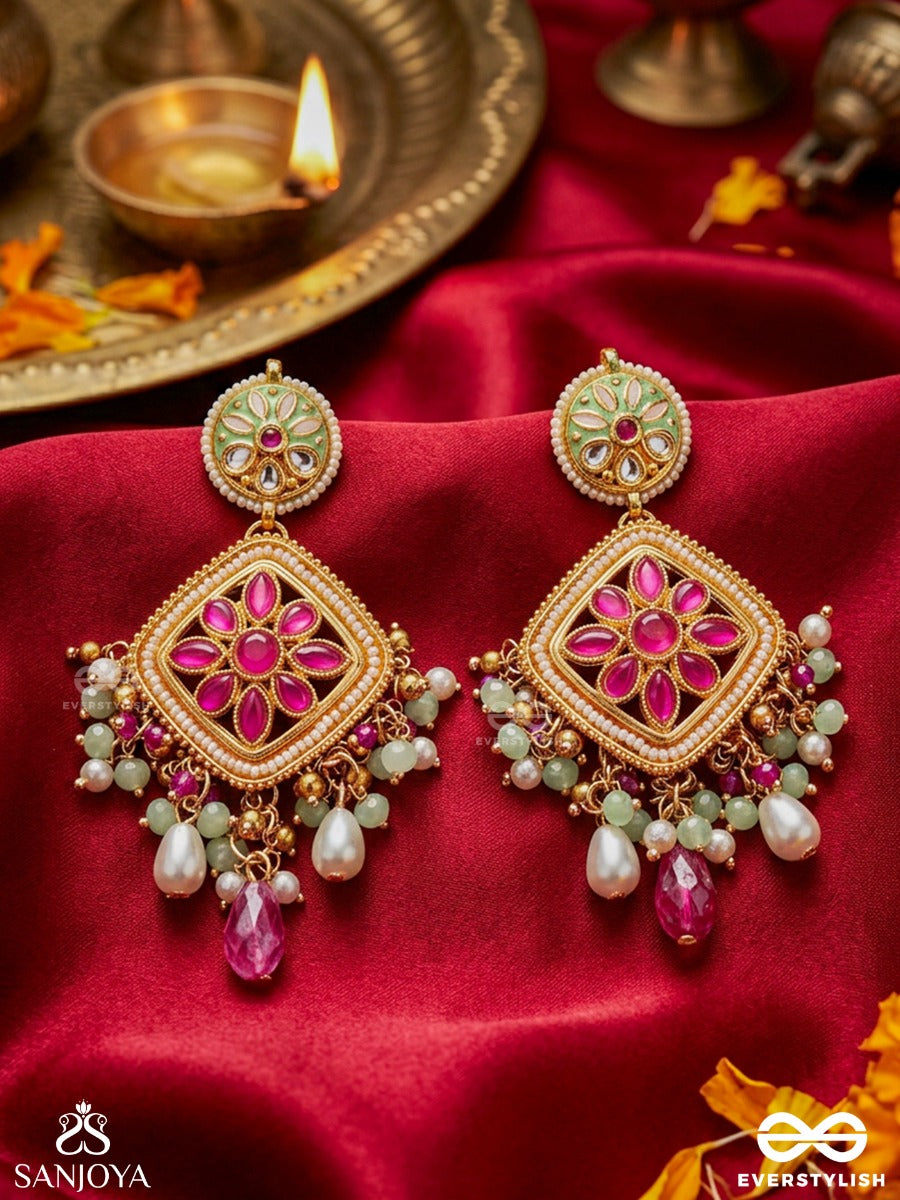 Mriganayika - Graceful Beauty - Statement Earrings With Floral Gem Panel And Dangling Pearl Accents