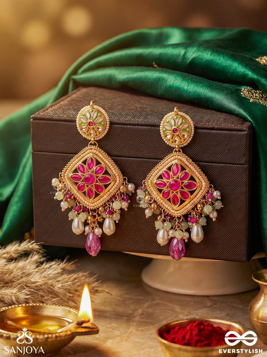 Mriganayika - Graceful Beauty - Statement Earrings With Floral Gem Panel And Dangling Pearl Accents