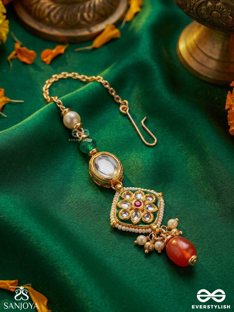 Ratnabindu - Drop Of Jewels - Ornate Maangtika With Gem Panel, Polki Medallion And Dangling Coral Detail