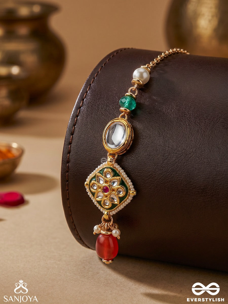 Ratnabindu - Drop Of Jewels - Ornate Maangtika With Gem Panel, Polki Medallion And Dangling Coral Detail