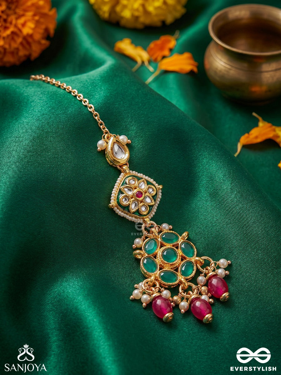 Rangalankara - Ornament Of Colours - Ornate Maangtika With Gemmed Panels, Green Stone Details And Dangling Pearl Drops