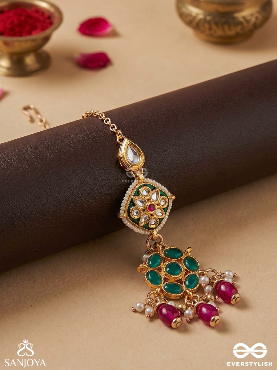 Rangalankara - Ornament Of Colours - Ornate Maangtika With Gemmed Panels, Green Stone Details And Dangling Pearl Drops